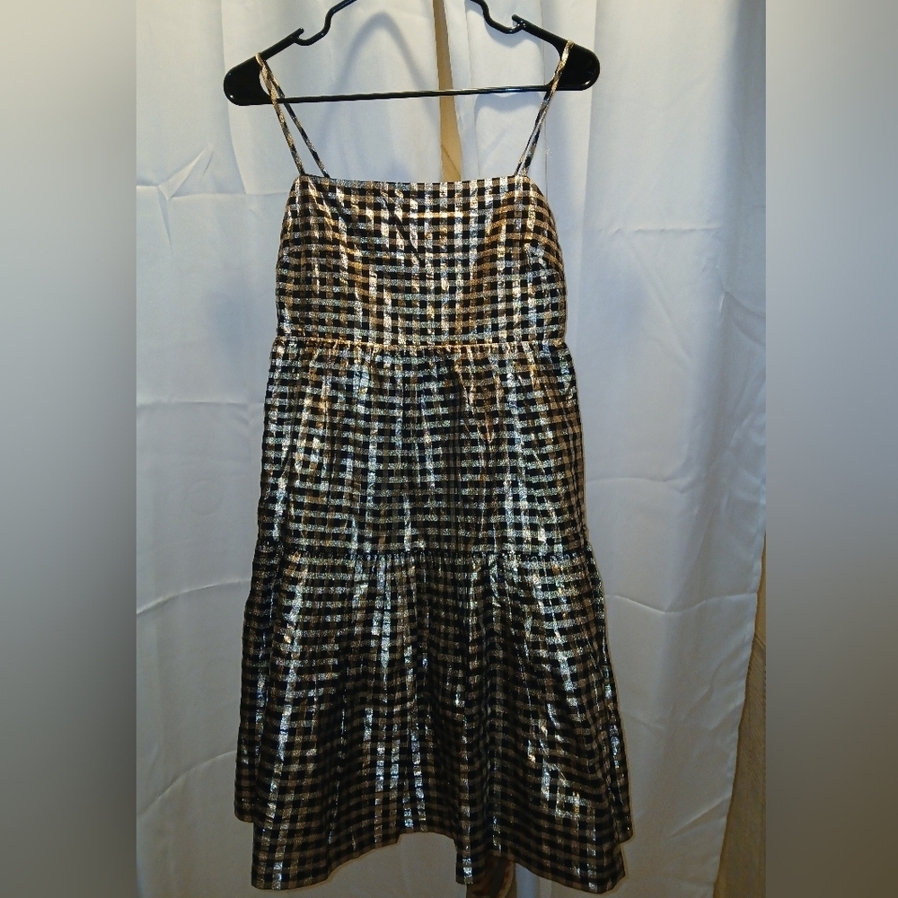 J . CREW BLACK GOLD LUREX METALLIC GINGHAM TIERED MINI DRESS  - Picture 4 of 6